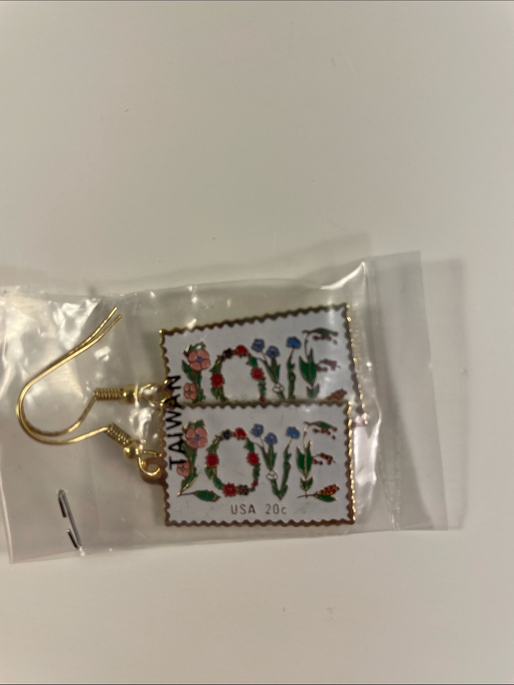 Floral 'LOVE' Stamp Dangle Earrings - Gold & Multicolor